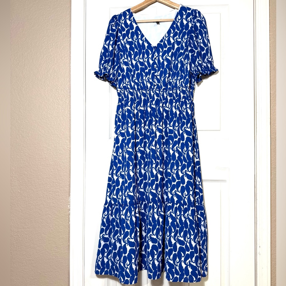Talbots Size 8 Blue and White Midi Dress Romantic Casual Coastal Butterfly Fairy - Picture 3 of 11
